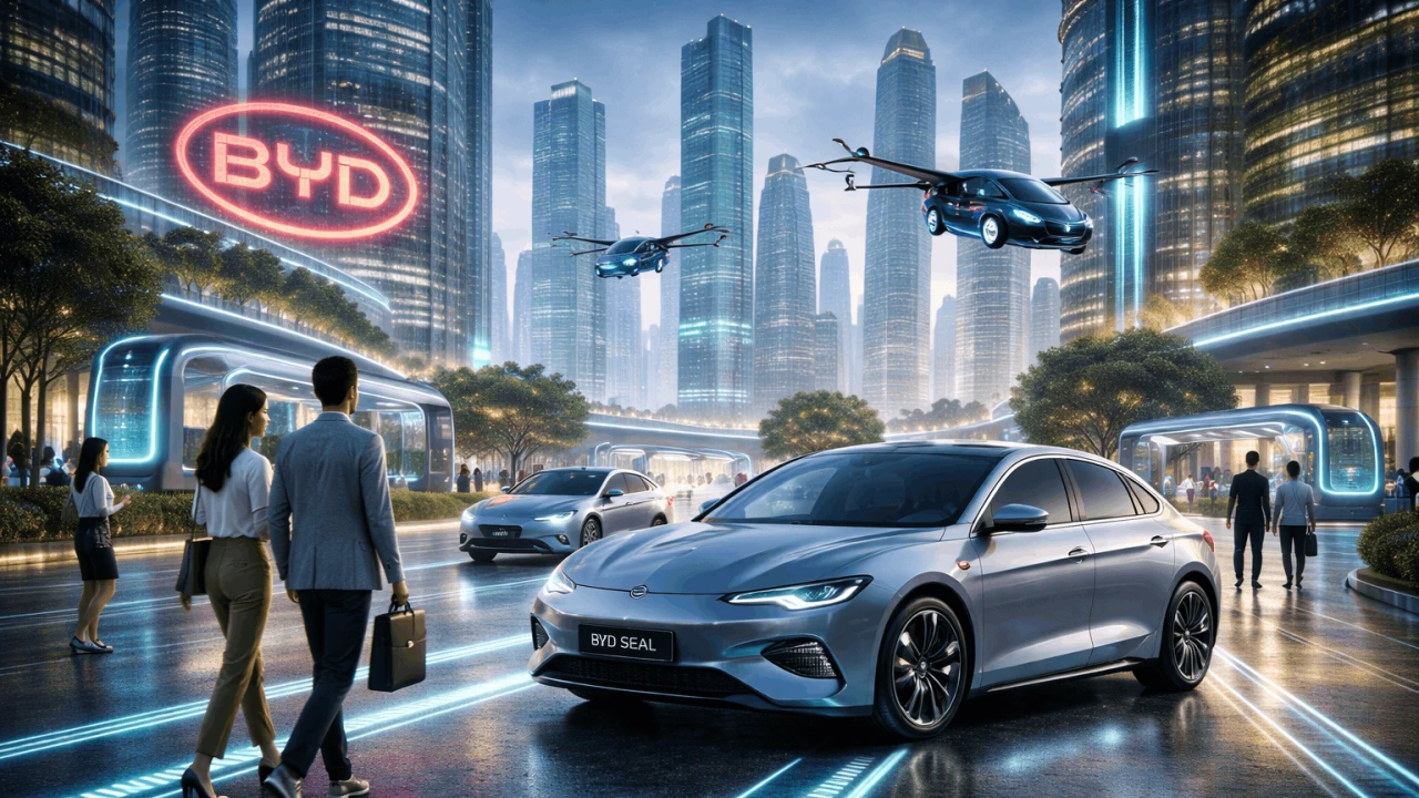 Futuristic smart city with BYD Seal electric car, autonomous vehicles, flying taxis, and neon-lit eco-friendly skyscrapers